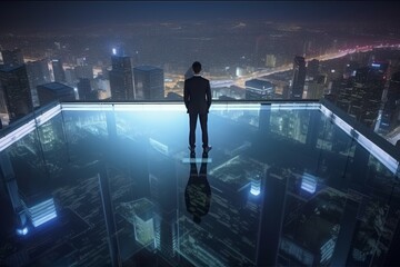 A man stands on a glass floor with a city in the background. Generative AI