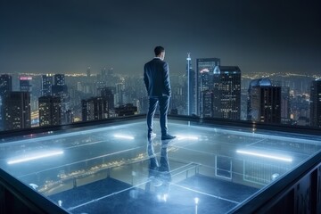 A man standing on a glass roof above a cityscape. Generative AI
