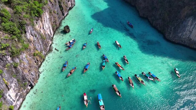 Aerial view of Maya bay and Pileh lagoon in Phi phi island, Thailand