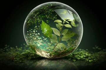 Green glass globe with green leaves , Generative Ai