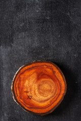 Plum tree trunk slice on black background