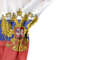 Flag of Russia with coat of arms in the corner on white background. 3D rendering. Isolated