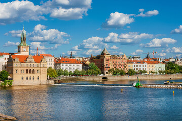 Prague beautiful rivefront on River Vltava from Charles Bridge