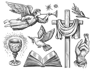 Hand drawn collection of religious illustrations in vintage engraving style. Faith in God, concept sketch - obrazy, fototapety, plakaty