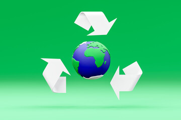 Global recycling and caring for our world. Cartoon style Earth, 3D Illustration