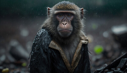 Monkey standing among plastic and rain, Concept of saving the world. Generative AI..