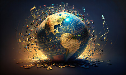 A musical globe manipulation background with music notes representing the world's diverse sounds