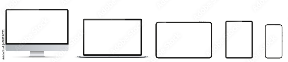 Poster set of mockup technology devices with empty white display: computer, laptop, tablet and mobile phone
