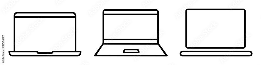 Poster Laptop device set icons, collection laptop in different style, office notebook computer - for stock