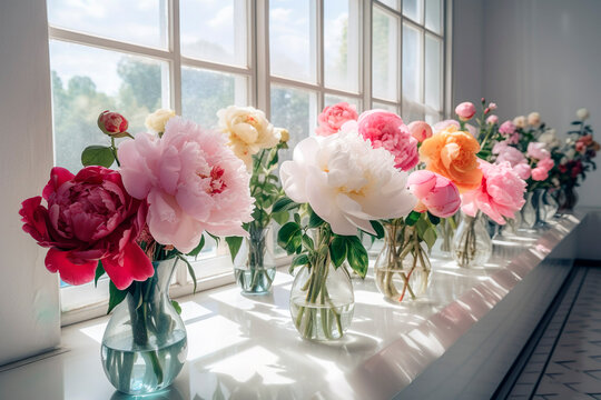 Peony Flowers in Vases On Table Near Window, Flower Exhibition