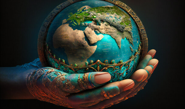 A creative globe manipulation background with coins representing global trade and economy