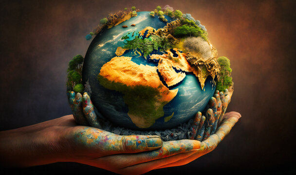 A powerful globe manipulation background with hands forming the continents, representing unity and strength