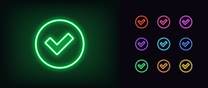 Outline neon check tick icon set. Glowing neon checkmark sign, tick approve pictogram. Correct and true select, confirmation check mark, verification tick, right choice, checklist.