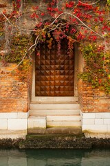 Door of stony building surrounded by leaves in Venice