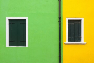 Closeup of windows of yellow and green building in Venice