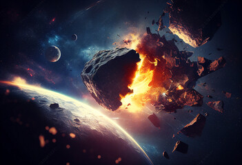 Fototapeta na wymiar Asteroid falling to planet. AI generated illustration