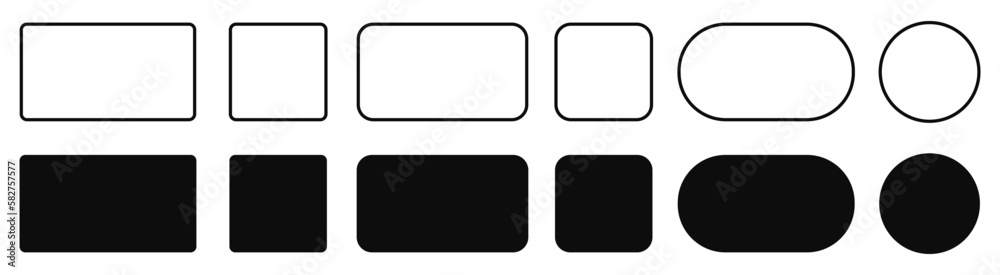 Poster set of geometric shapes quadrangle, circle icons collection, sharp and slightly rounded version - ve