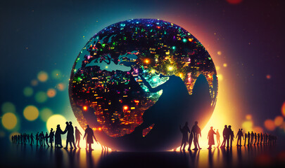 A symbolic globe manipulation background with human silhouettes representing diversity and inclusion - obrazy, fototapety, plakaty