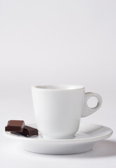 white coffee cup with chocolate  on white background, Cup of espresso.