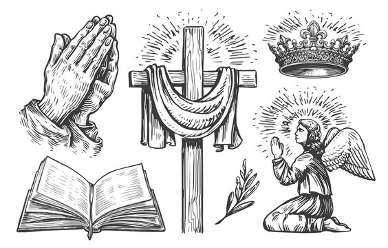 Christian Cross, Praying Angel, Open Holy Bible, Hands In Prayer, Crown Of The King Of God. Religion Set Sketch