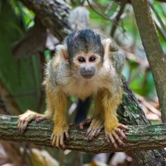 Cute Central American squirrel monkey on the tree branch