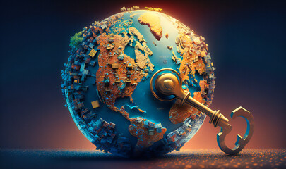 A symbolic globe manipulation background with keys representing global access and opportunity