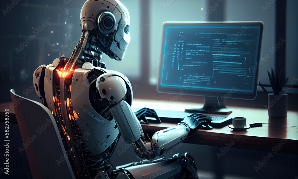 Poster a robot working on a computer with a blue background, generative ai