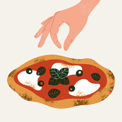 Traditional italian pizza. A hand decoration pizza with basil leaves. Textured vector illustration. Vector illustration