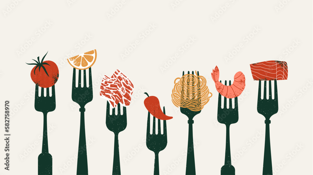 Wall mural forks with various food. tomatoes with lemon and shrimp with pepper and salmon. horizontal food desi