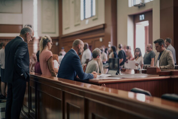 Courtroom interior, trial. Judge, lawyers, jury,  law and justice concept. Generative AI