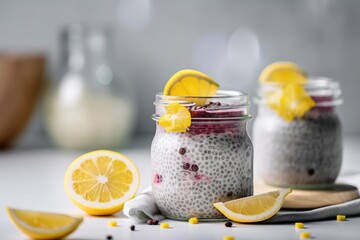 Chai Pudding topped with berries and fresh lemon slices - Generative AI