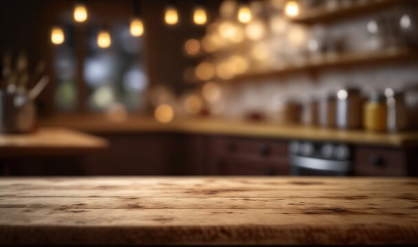  a wooden table top in a kitchen with lights hanging from the back of the counter top and a blurry image of a counter top in the background.  generative ai