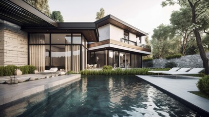 Beautiful modern house with a cozy patio area and swimming pool. generative ai