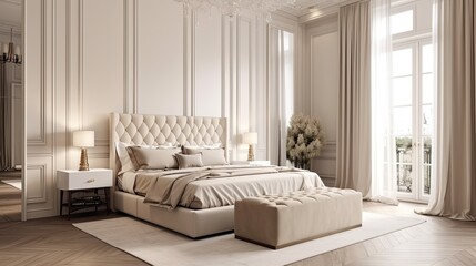 Luxurious large bedroom with marble slabs and a bed in the center. Delicate beige colors - ivory, milk, brown, taupe. generative ai