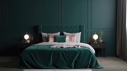 Minimalism design of the interior bedroom. Square view of a large gray velor bed with gray linens. Deep emerald green wall and two bedside tables. generative ai