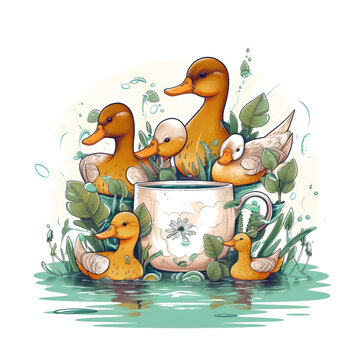 A family of mallards holding cups of hot cocoa, surrounded by water and plants, Vector Illustration, Generative Ai