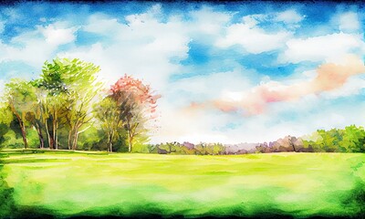 A painting of a green field with trees and a blue sky, generative AI