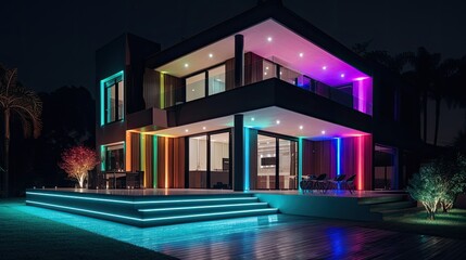 Obraz na płótnie Canvas Modern villa with colored led lights at night. generative ai