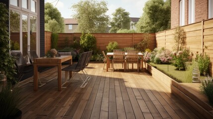 The exterior of a back garden patio area with wood decking. generative ai - obrazy, fototapety, plakaty