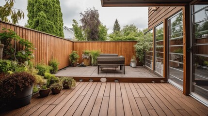 Fototapeta na wymiar The exterior of a back garden patio area with wood decking. generative ai