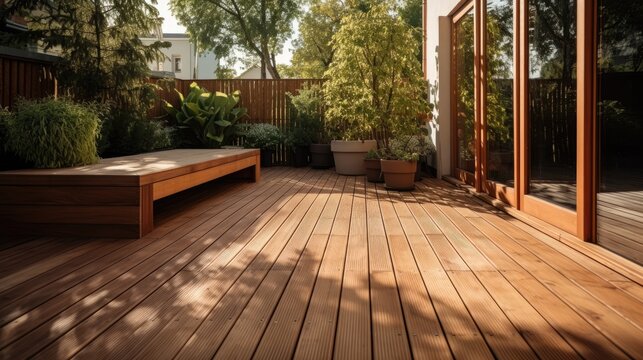 The exterior of a back garden patio area with wood decking. generative ai