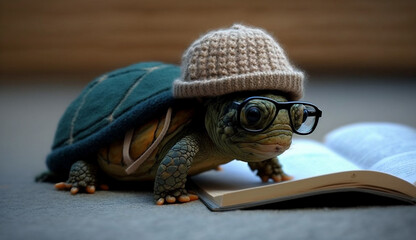 A turtle wearing glasses and a hat  reads books. Generative AI.