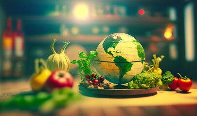 A healthy globe manipulation background with vegetables representing global agriculture and nutrition