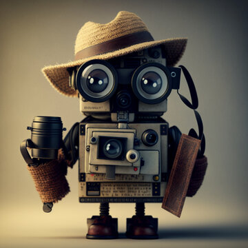 A cool standing robot wearing glasses and a hat holding a camera poses,preparing for an advertisement. generative ai.