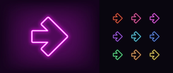Outline neon arrow icon set. Glowing neon pointer sign, arrowhead pictogram. Straight arrow, cursor and interface navigation, go arrow direction, motion pointer, arrowhead move. © Дмитрий Майер