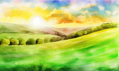Deurstickers A watercolor painting of a green field with a hill and a sunset in the background, generative AI © Enigma