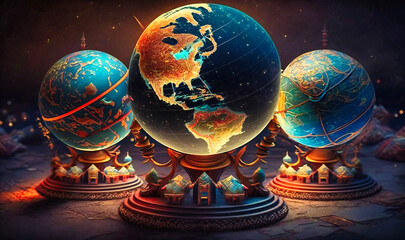 A meta globe manipulation background with multiple globes representing global connectivity and unity