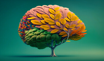 A brain-shaped tree, representing the importance of nature in promoting cognitive growth - obrazy, fototapety, plakaty