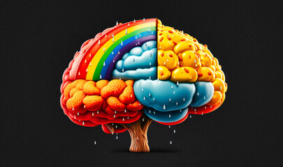 A brain composed of rainbow colors, representing the diversity and breadth of creative thinking