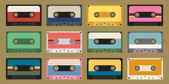 Audio cassette icons set. Colorful plastic audio cassette tapes flat design illustration. Set of different color music tapes.